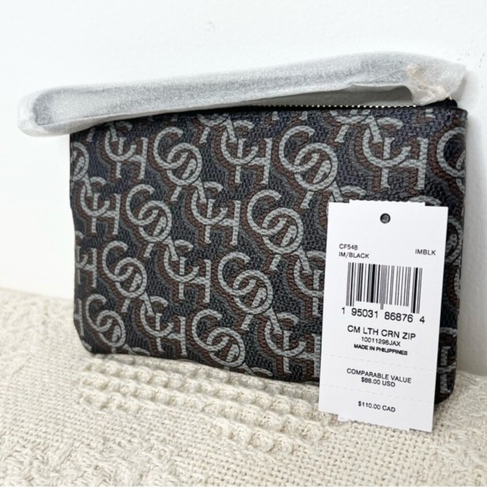 Coach Corner Zip Wristlet CF458 Black Monogram Print Coated Canvas Pouch Bag